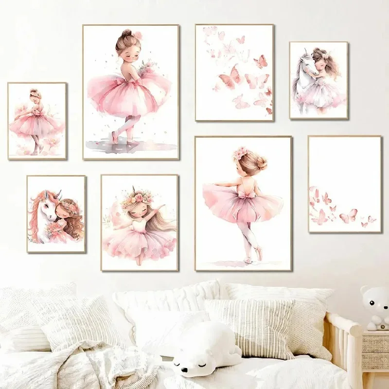 Baby Nursery Decor Girl - Rosa Ballerina Mädchen Einhorn Schmetterling Poster