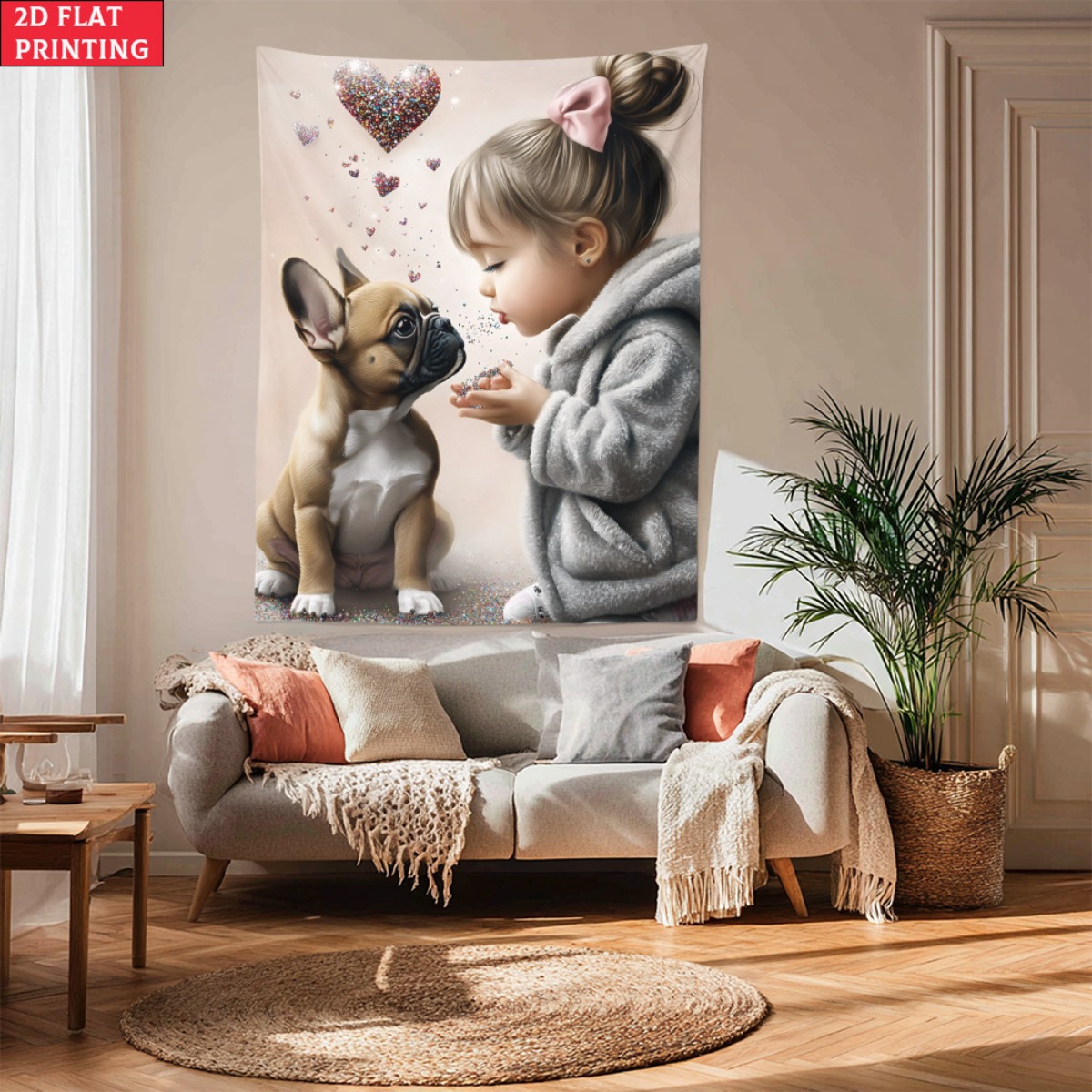 Baby Nursery Decor Girl - Mädchen mit französischer Bulldogge, Welpe, Herz,
