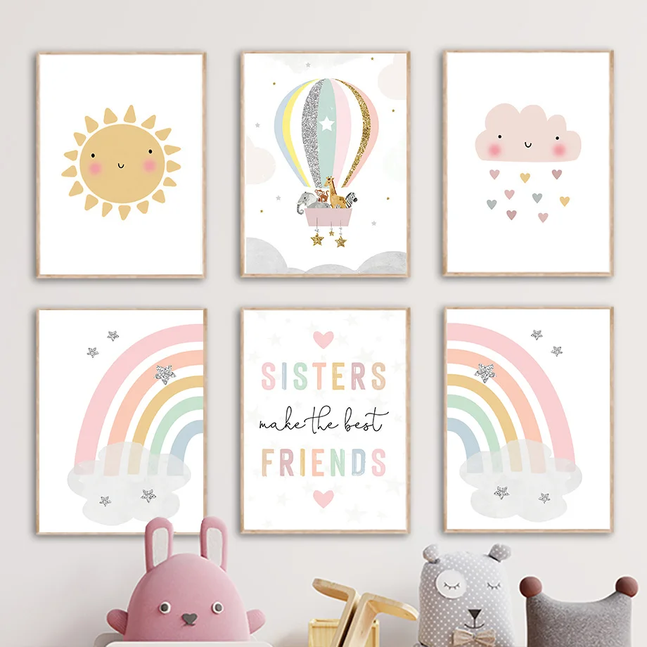 Baby Nursery Decor Girl - Giraffe Elefant Heißluftballon Sonne Regenbogen Kinderzimmer