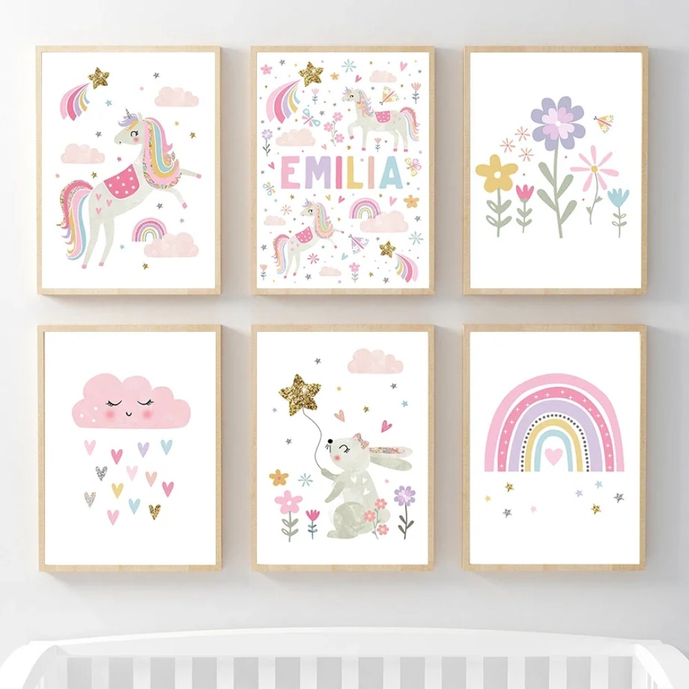Baby Nursery Decor Girl - Rosa Einhorn Kaninchen Regenbogen Wolke Blume