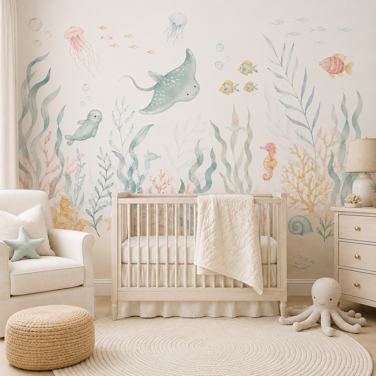 Baby Nursery Peel And Stick Wallpaper - Ozean-Tier-Wandbild Selbstklebende Tapete Pastellfarbenes Meereslebewesen Abzieh-