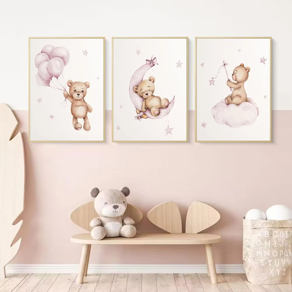 Baby Nursery Decor Girl - Bären-Wandkunst für das Kinderzimmer, Teddybär-Leinwandbild, Baby-Drucke,