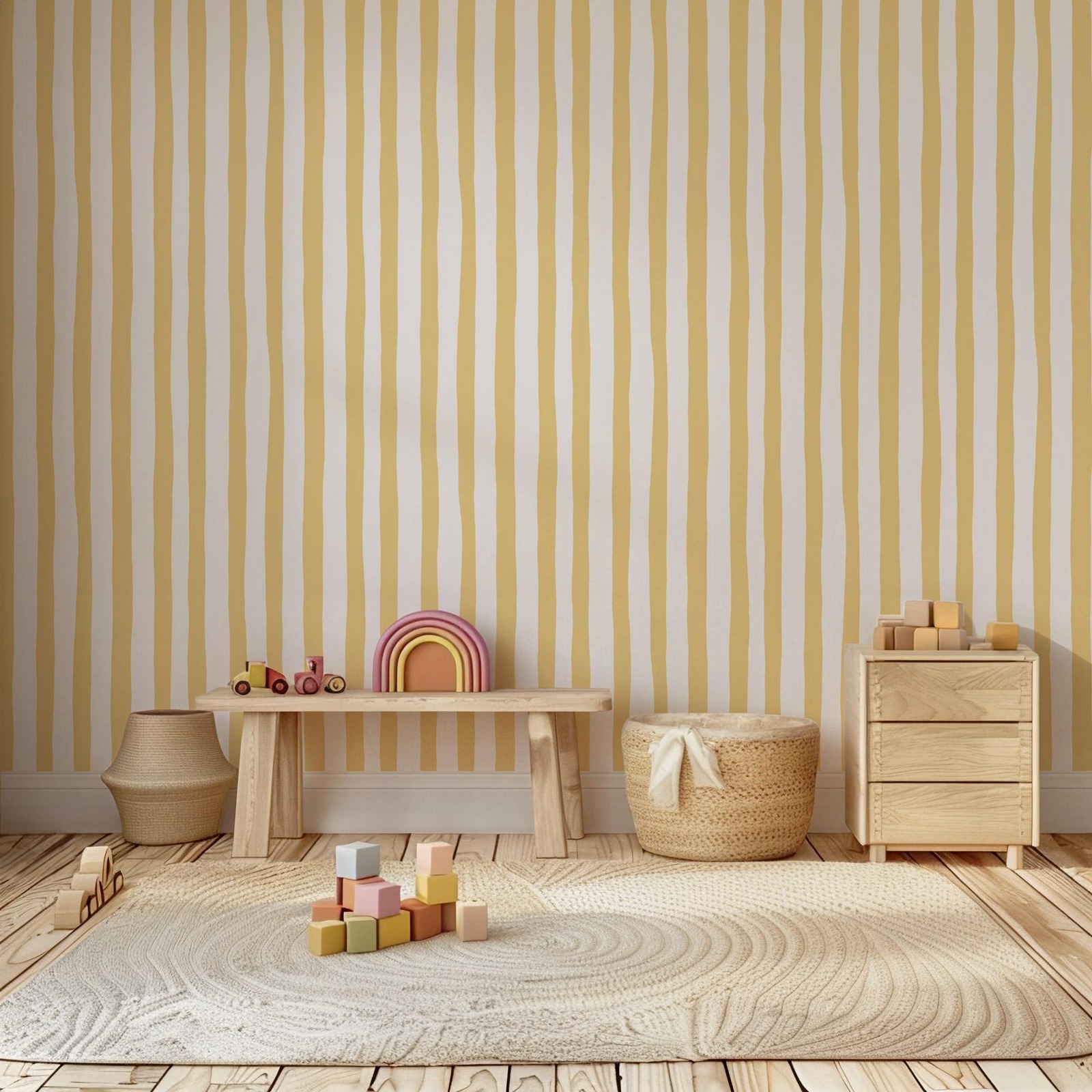 Sunshine Yellow Wobbly Stripes – Baby Nursery Peel And Stick Wallpaper Bewertung und Preis